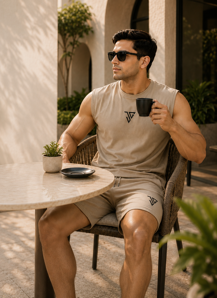 Signature Oversized Co-Ord Set Khaki ( Tank Top + Shorts )