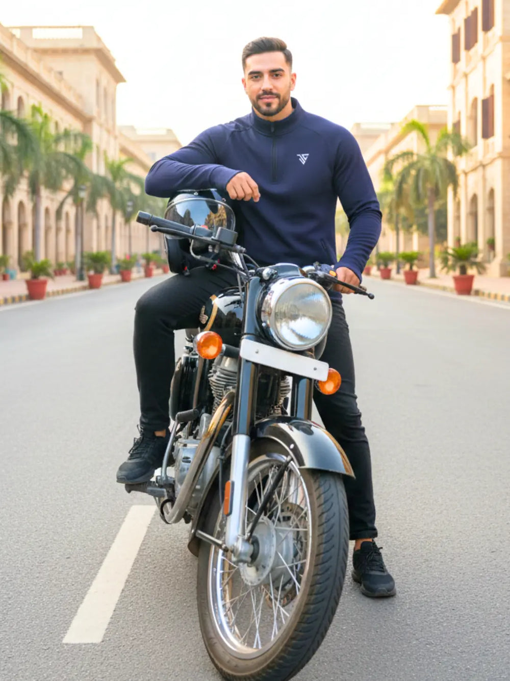 Model wearing navy Flex Pullover styled for travel and everyday movement