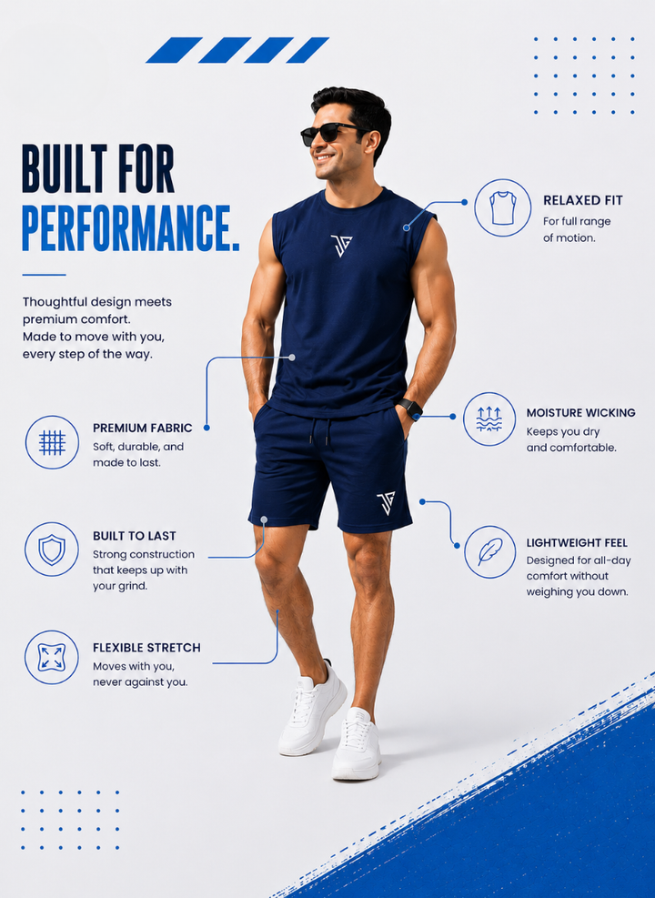 Man wearing a navy athletic outfit with text highlighting features on a white background