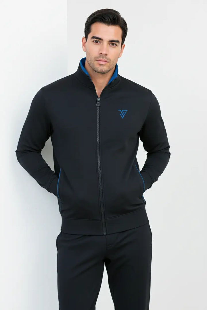 Rear angle pose of black and blue Pride Jacket showing fit and structure