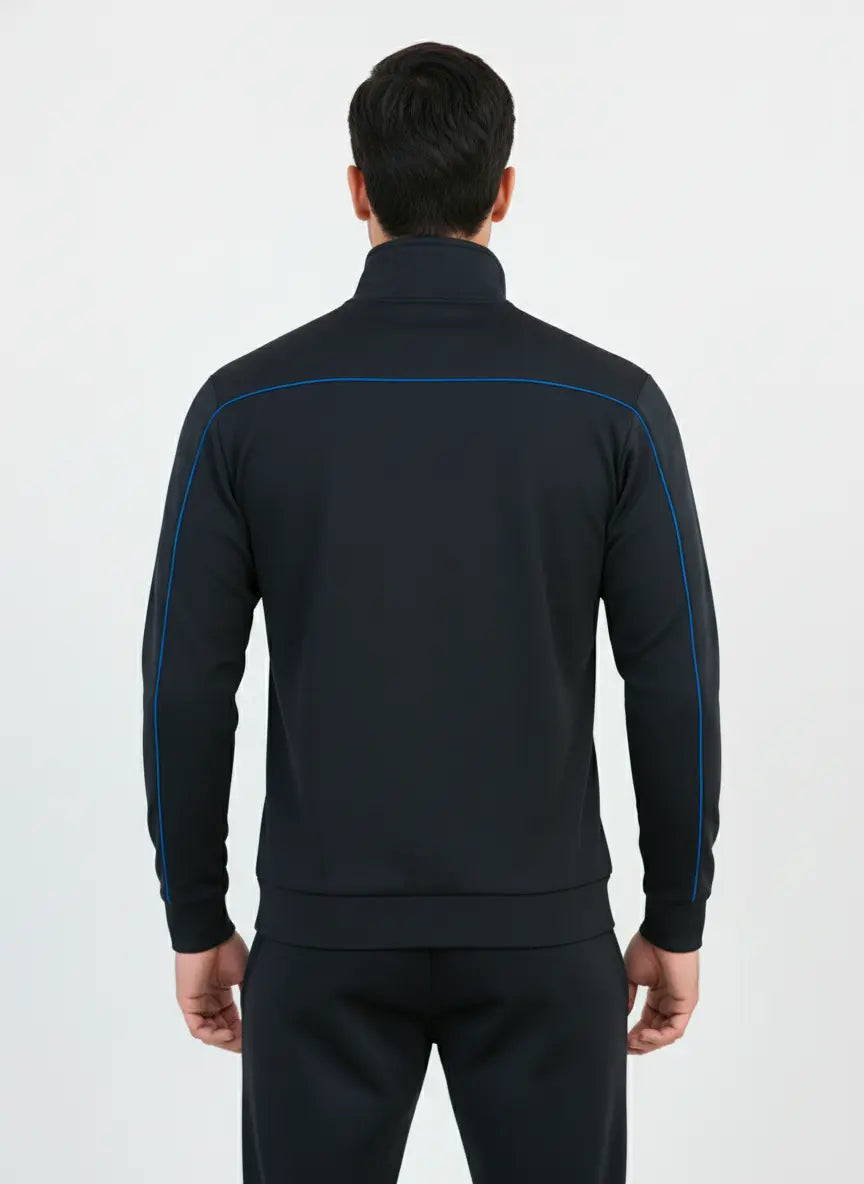 Back view of black and blue Pride Jacket showing clean athletic fit