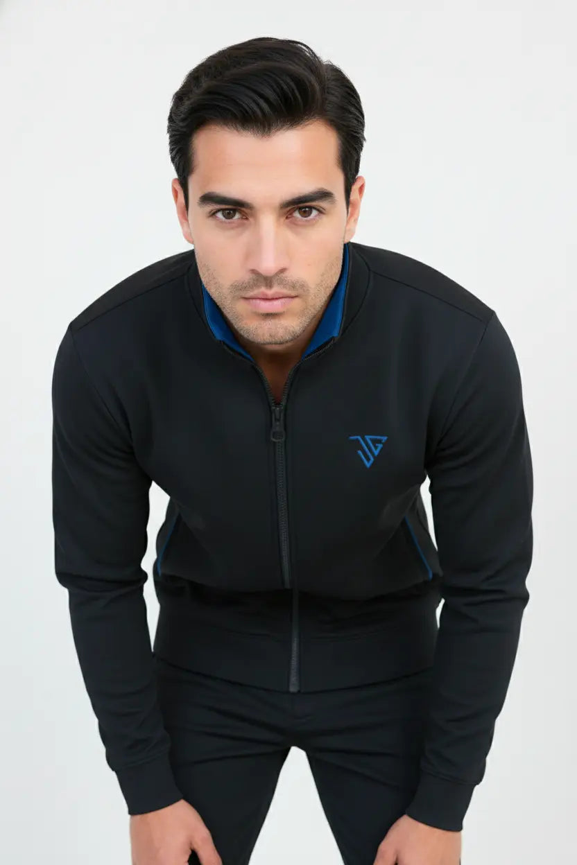 Front fit of black and blue Pride Jacket designed for movement
