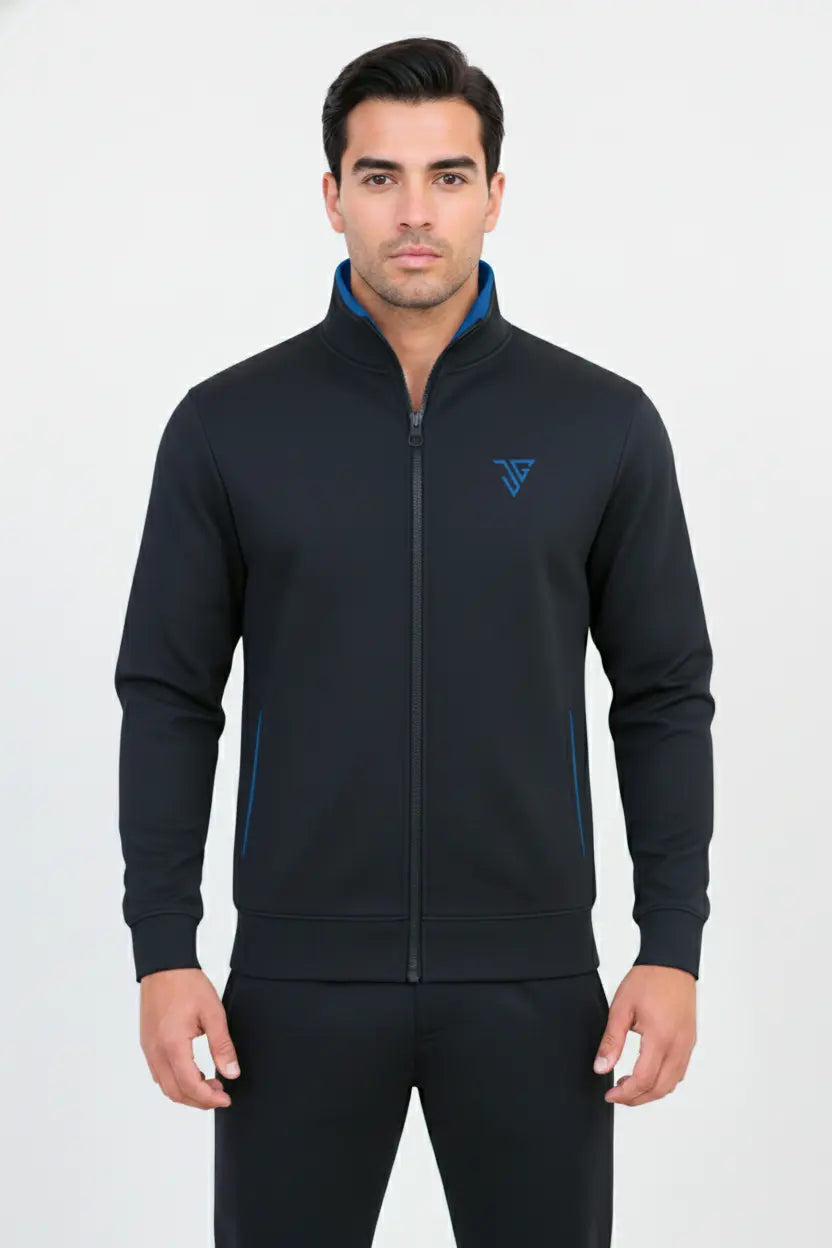 Full body view of black and blue Pride Jacket with athletic fit