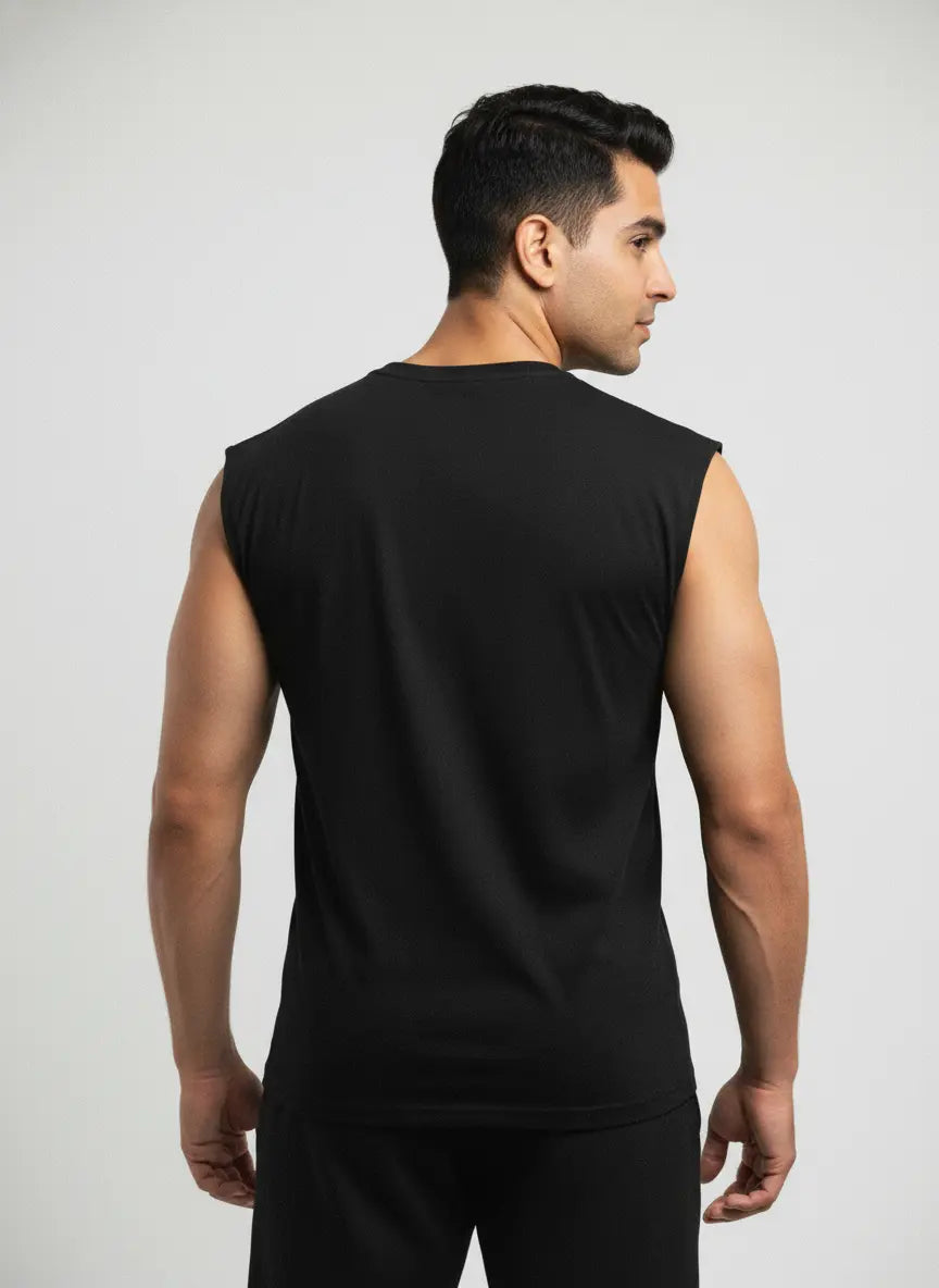 Back view of men’s black oversized tank top by JYGMA