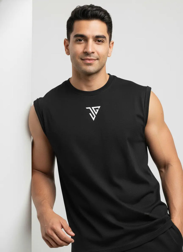 Black oversized tank top designed for comfort and training