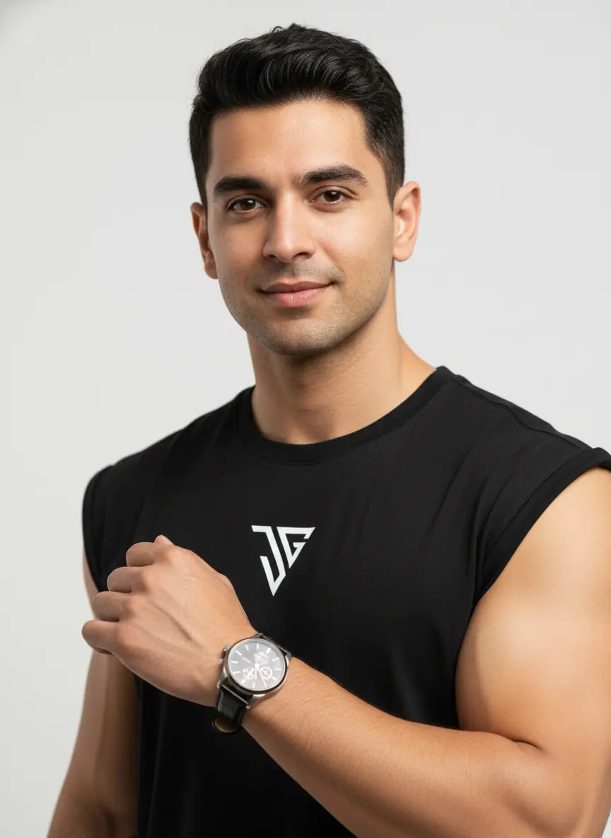 Close-up view of black oversized tank top fabric and logo
