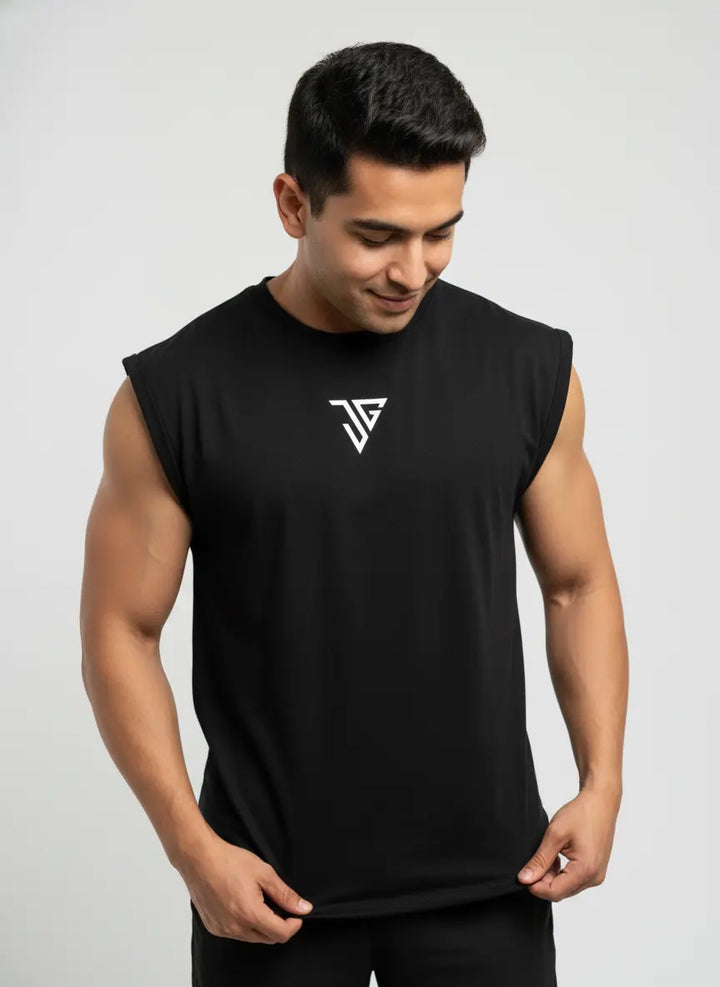 Men wearing black oversized tank top by JYGMA