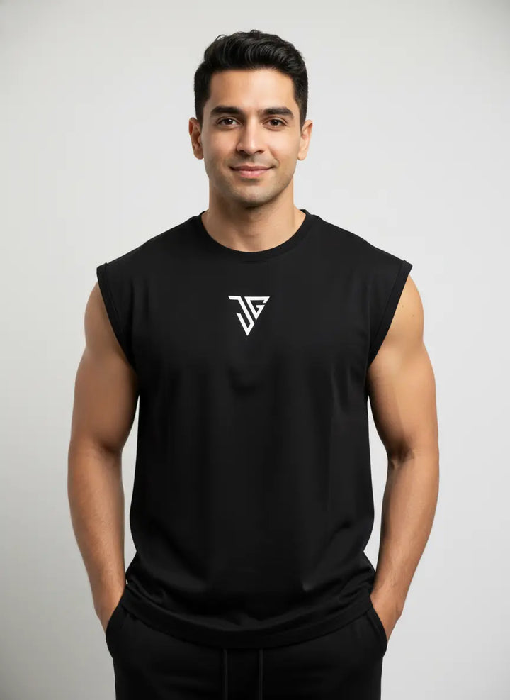 Front view of black oversized tank top
