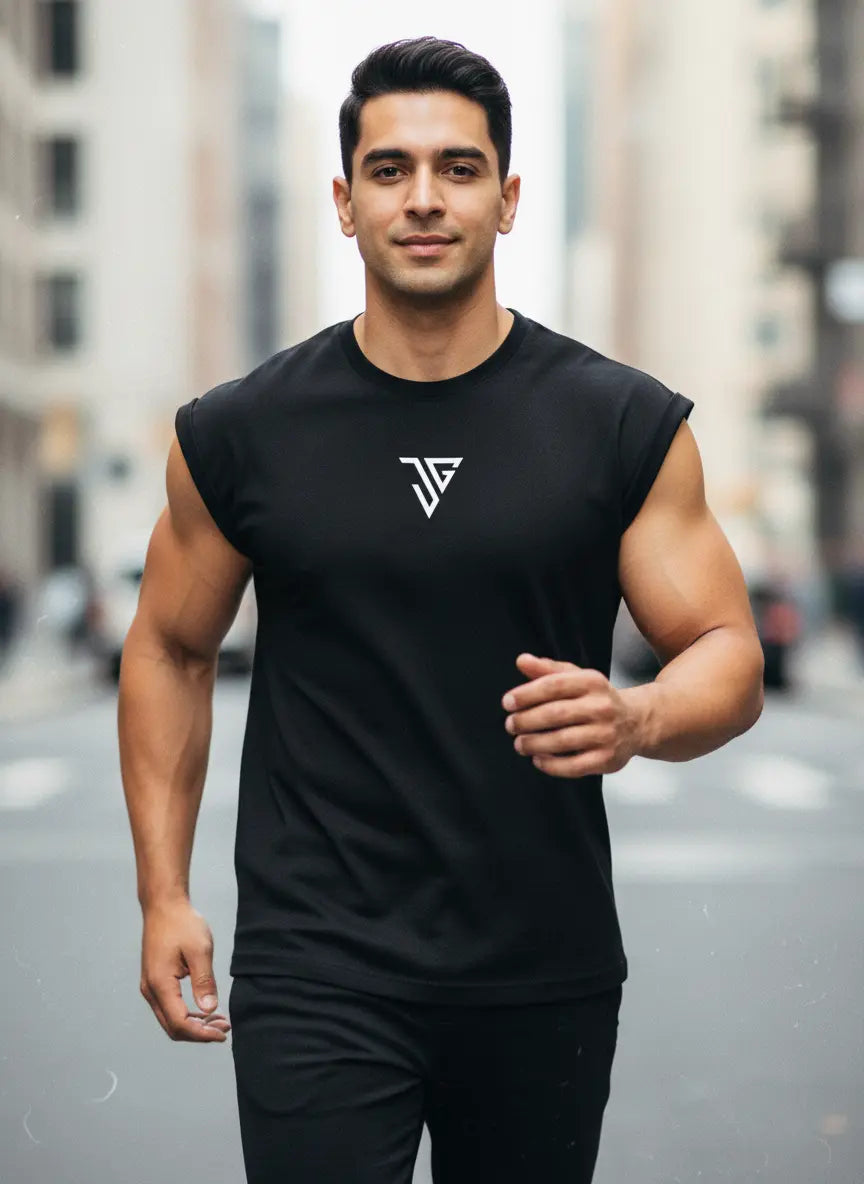 Men wearing black oversized tank top for daily movement