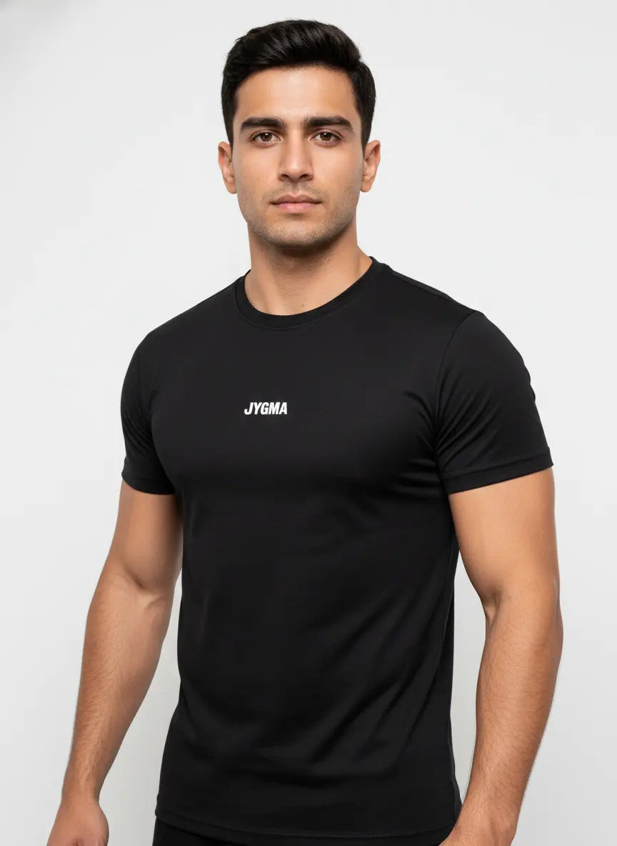Front fit of black Performance T-Shirt designed for workouts and daily wear