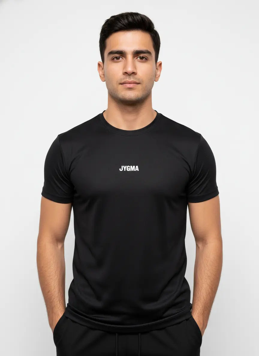 Full body view of black Performance T-Shirt with athletic fit