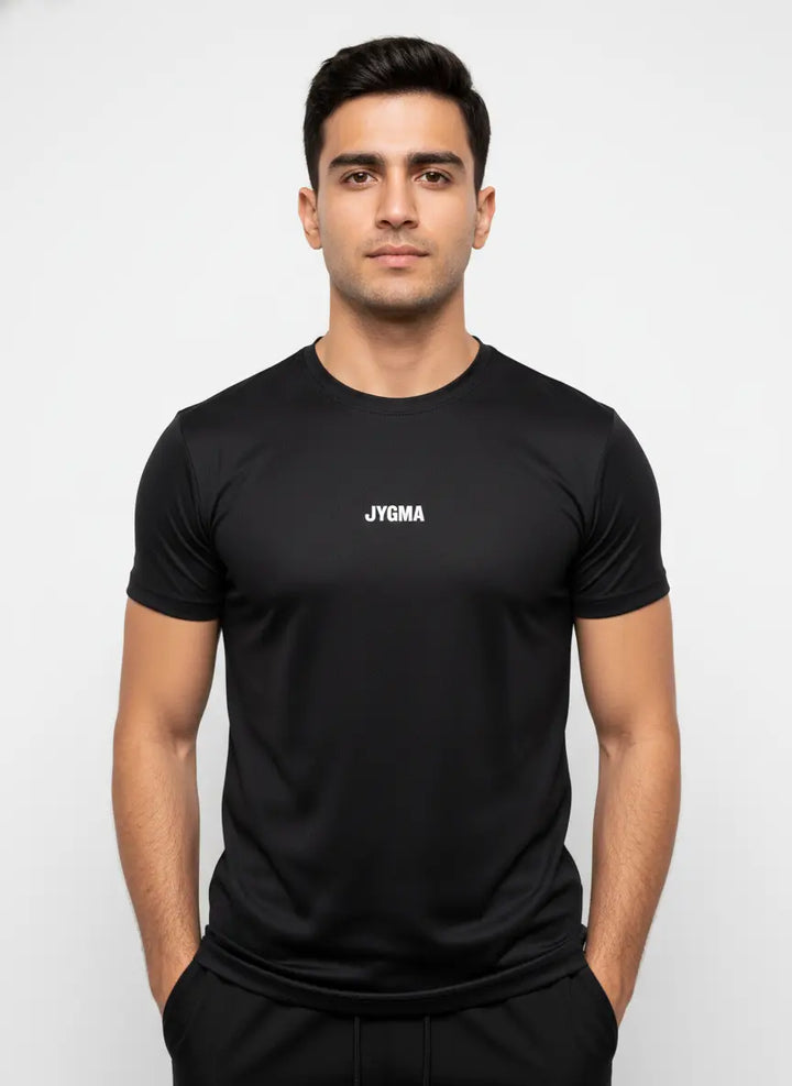Full body view of black Performance T-Shirt with athletic fit