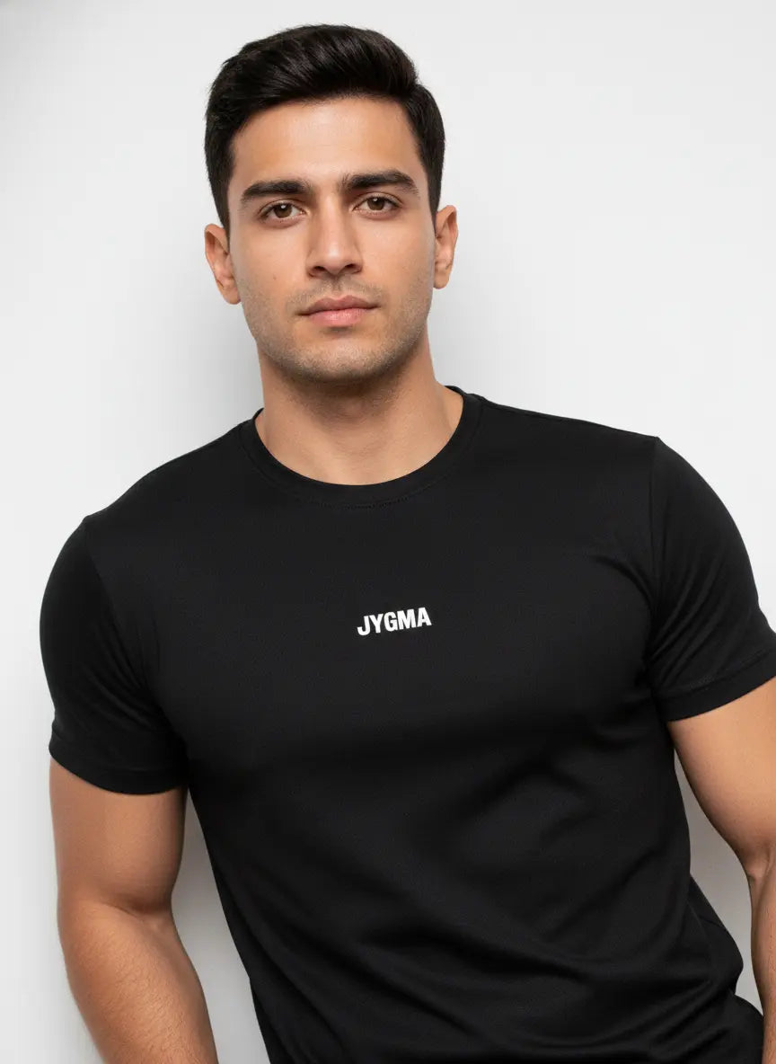 Three-quarter view of black Performance T-Shirt showing fit and shape