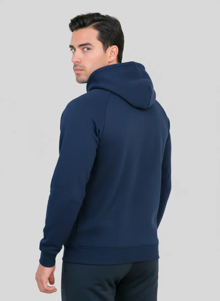 Back view of navy blue Pride Hoodie showing hood and fit