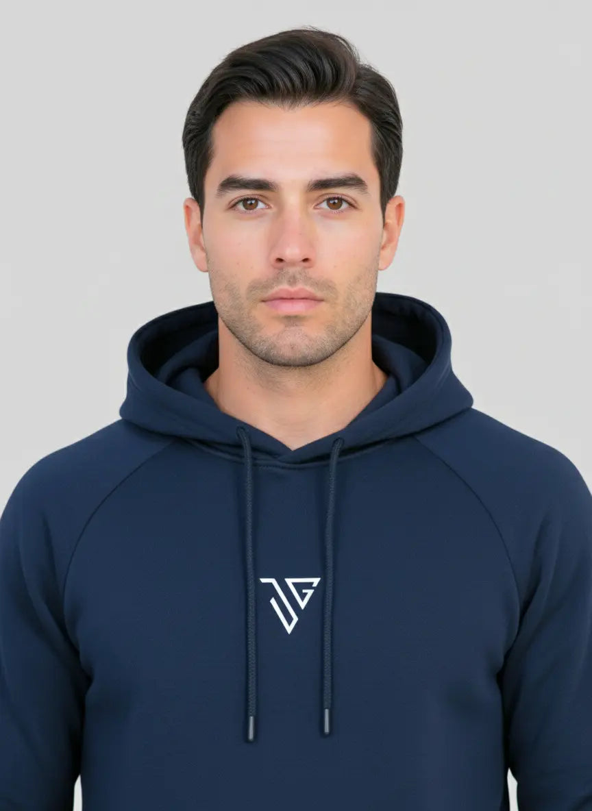 Close-up front view of navy blue Pride Hoodie