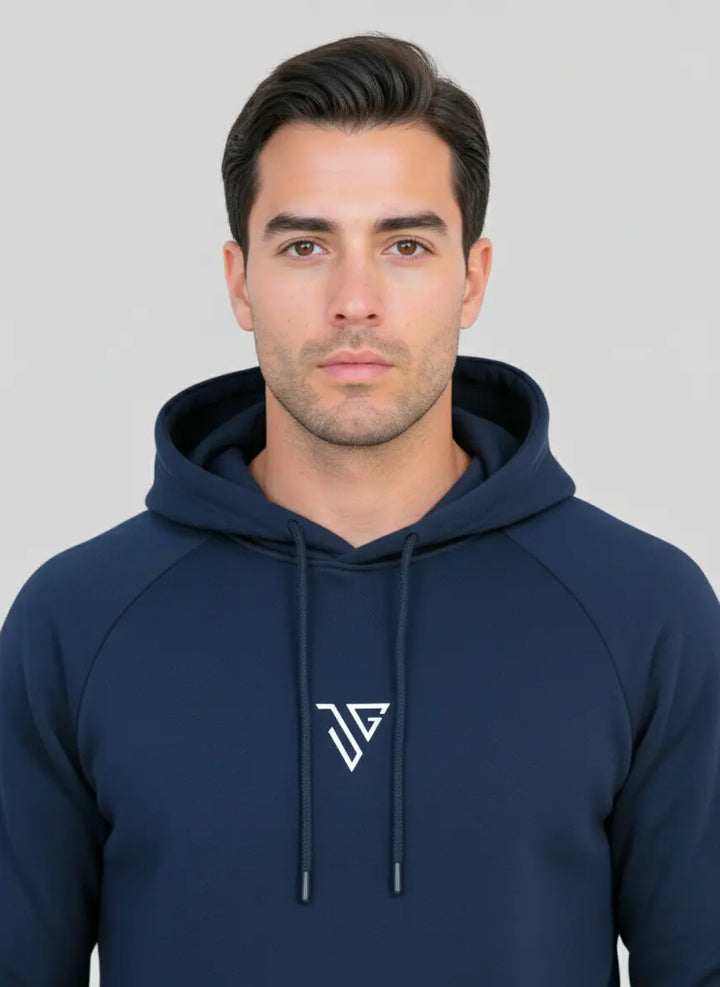 Close-up front view of navy blue Pride Hoodie