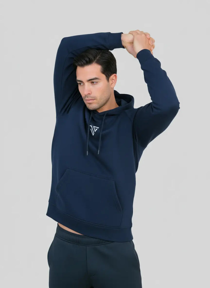 Model adjusting hood on navy blue Pride Hoodie