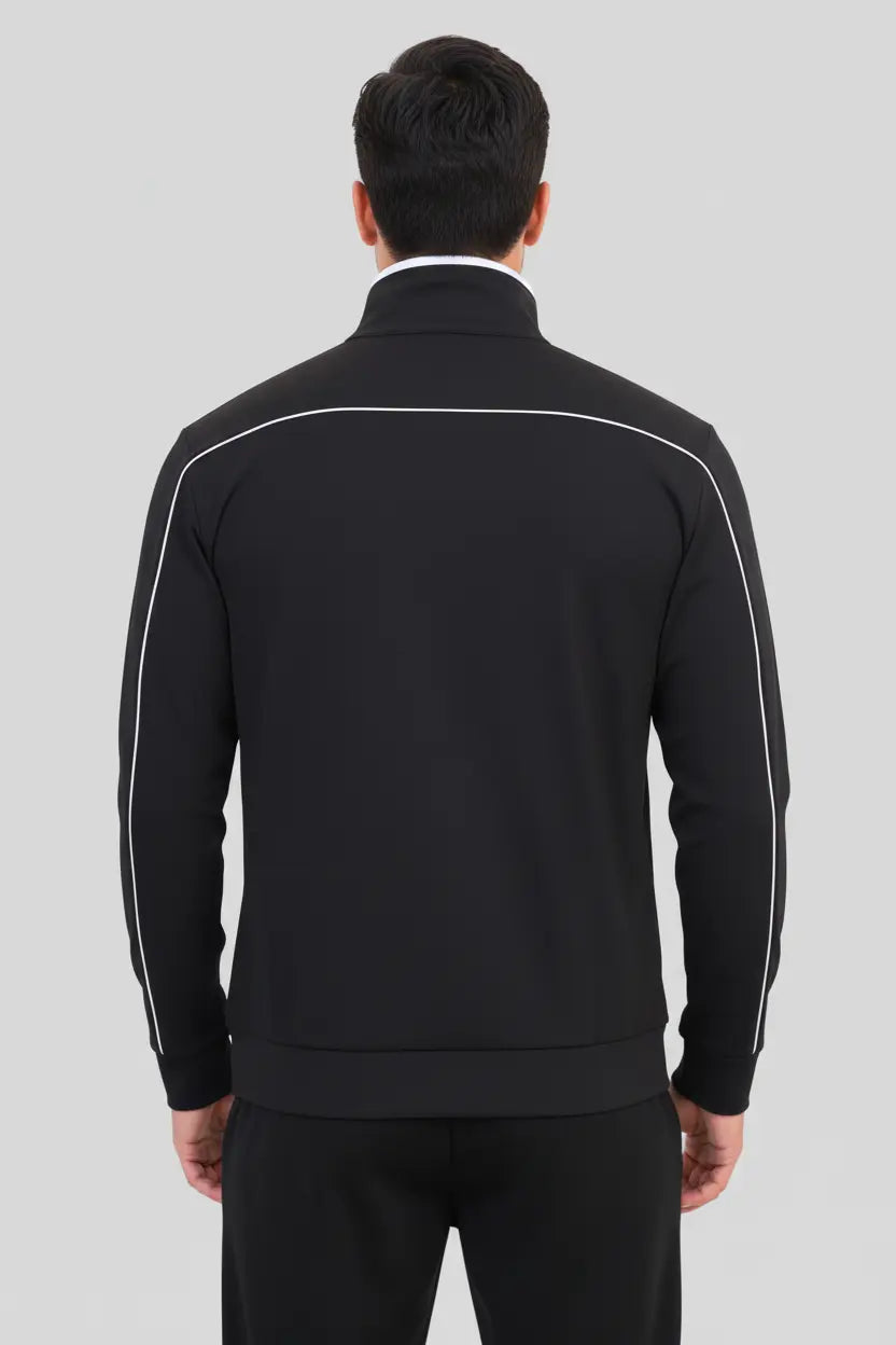Back view of black and white Pride Jacket showing clean athletic fit