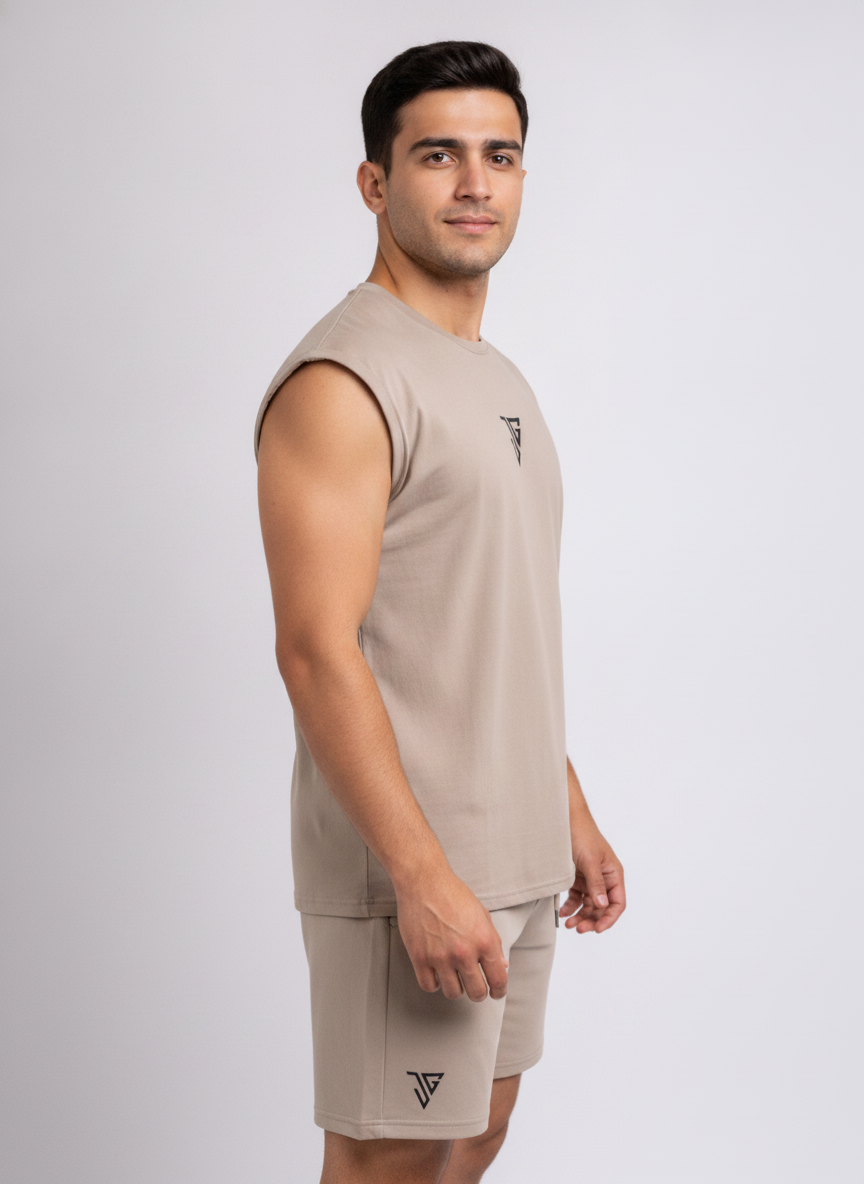 Signature Oversized Co-Ord Set Khaki ( Tank Top + Shorts )