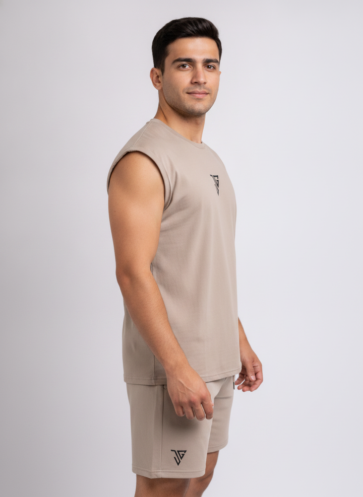 Signature Oversized Co-Ord Set Khaki ( Tank Top + Shorts )