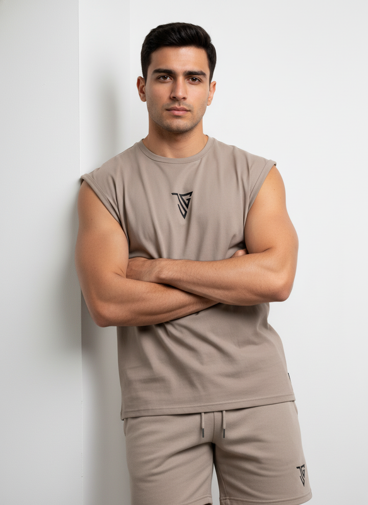 Signature Oversized Co-Ord Set Khaki ( Tank Top + Shorts )