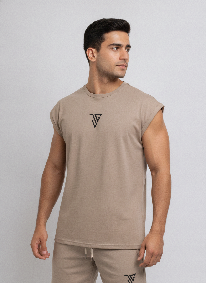 Signature Oversized Co-Ord Set Khaki ( Tank Top + Shorts )