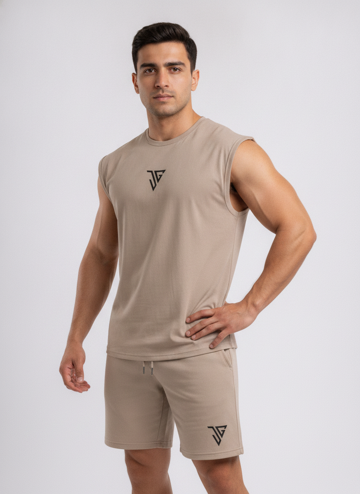 Signature Oversized Co-Ord Set Khaki ( Tank Top + Shorts )