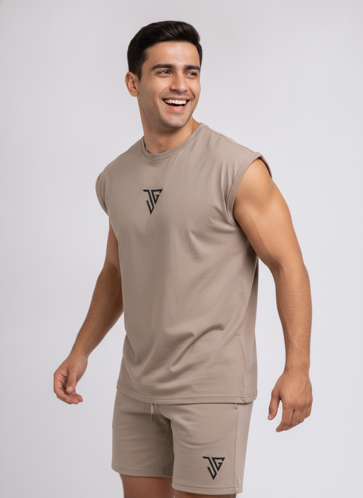 Signature Oversized Co-Ord Set Khaki ( Tank Top + Shorts )