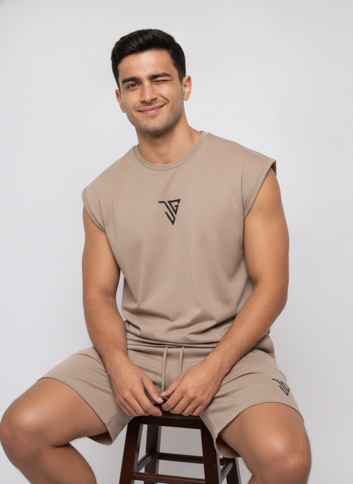 Signature Oversized Co-Ord Set Khaki ( Tank Top + Shorts )