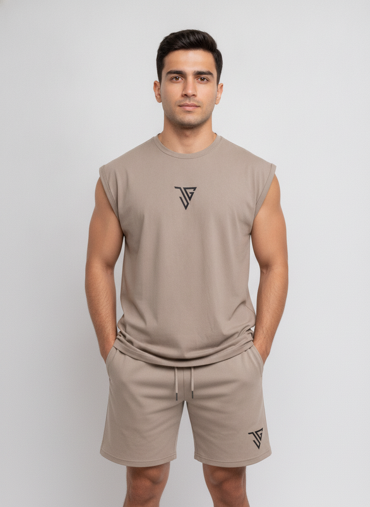 Signature Oversized Co-Ord Set Khaki ( Tank Top + Shorts )