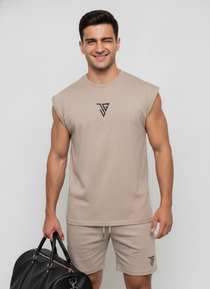 Signature Oversized Co-Ord Set Khaki ( Tank Top + Shorts )